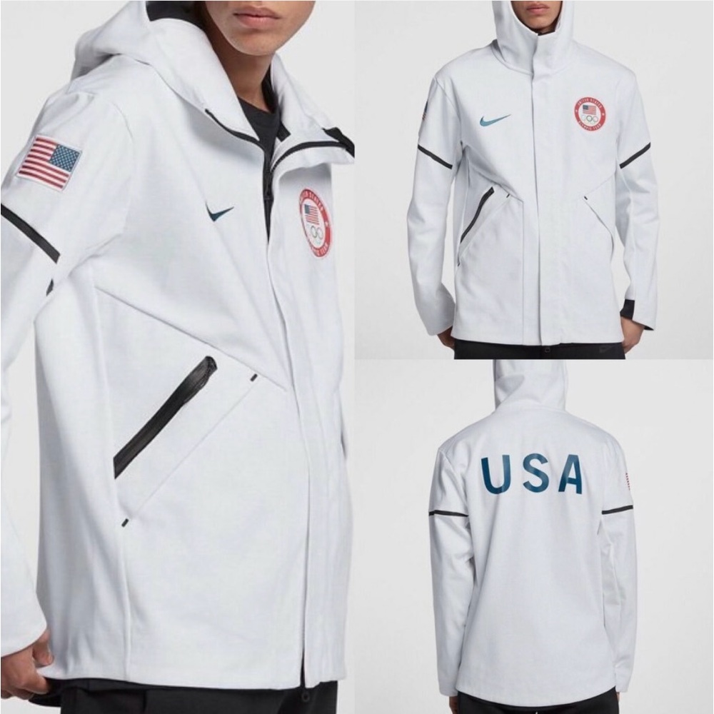 Nike Men's White Performance Jacket with Team USA Olympic Logo and American flag